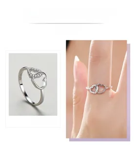 Macro shot of S925 sterling silver double heart ring with micropave cubic zirconia details