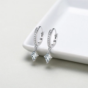 Elegant S925 sterling silver hoop earrings with a sparkling rhombus cubic zirconia drop