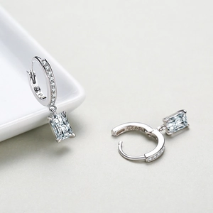 Elegant S925 sterling silver hoop earrings with rectangular clear crystal pendants