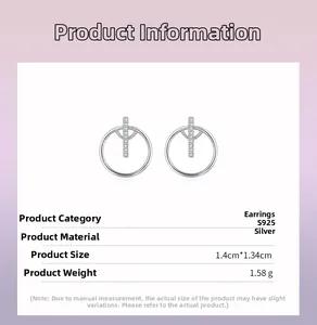 Technical drawing of S925 silver geometric earrings with micro-pavé CZ stones and size details