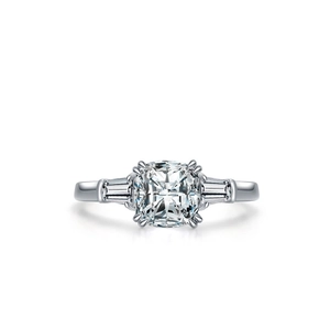 Elegant S925 sterling silver three-stone ring with 1ct cushion cut center gem