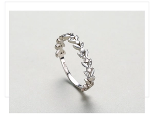 Detailed view of S925 sterling silver leaf ring with micro-set zircons and S925 hallmark
