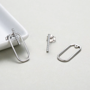 S925 sterling silver geometric stud earrings with micro-set zircons and detachable oval hoops