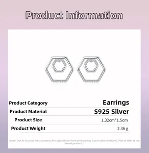 Macro detail of geometric S925 silver stud earrings with zirconia and size parameters