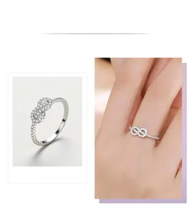 Macro detail of S925 sterling silver infinity ring with sparkling pave cubic zirconia