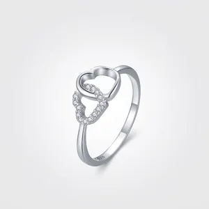 925 Sterling Silver Double Heart Interlocked Open Ring For Women Minimalist Zirconia Micro-set Love Heart Jewelry Finger Ring