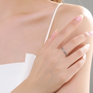 S925 sterling silver leaf ring with micro-pave diamonds for women in a minimalist design