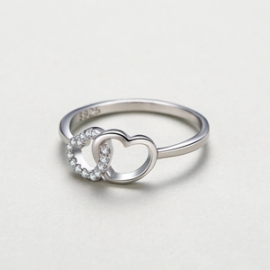 S925 Sterling Silver Interlocking Heart Ring with Sparkling Cubic Zirconia Stones