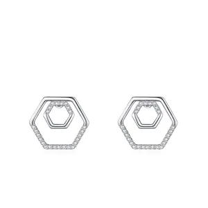 925 Sterling Silver Hexagon Double Layer Stud Earrings Micro Inlaid Zirconia Geometric Light Luxury Ear Jewelry For Women