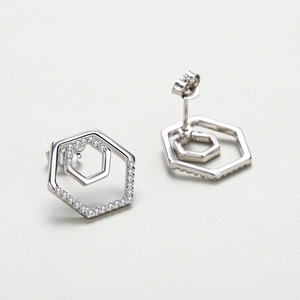 Minimalist S925 silver hexagonal earrings with pavé cubic zirconia geometric design
