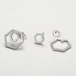 S925 sterling silver geometric hexagon stud earrings with micro-paved cubic zirconia
