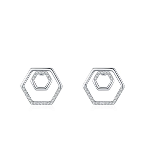 S925 sterling silver geometric double hexagon stud earrings with micro-set zircon accents
