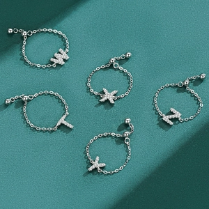 S925 silver chain rings with pavé zircon letters W, X, Z, T, Y on dark green stone