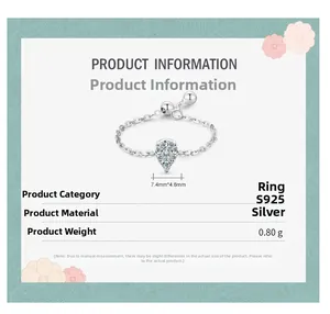 Detailed view of S925 silver pear-shaped ring with adjustable drawstring chain buckle