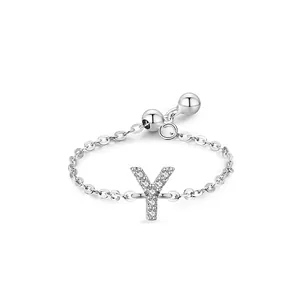 925 Sterling Silver Letter Y Adjustable Chain Ring For Women Personalized Inlaid Zirconia Fashion Jewelry Minimalist Link Ring