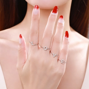 Adjustable S925 sterling silver LOVE chain ring set with sparkling pave zirconia