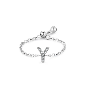 Adjustable S925 sterling silver chain ring with pavé cubic zirconia letter Y pendant