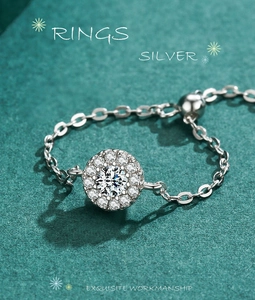 Detailed view of silver chain ring with a sparkling halo set round zircon center