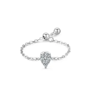 925 Sterling Silver Pear Cut Zirconia Adjustable Chain Ring For Women Elegant Dainty Minimalist Thin Finger Jewelry