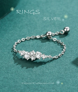 Close-up of S925 silver adjustable chain ring featuring seven sparkling micro-set zircons