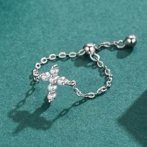 S925 sterling silver cross chain ring with micro-set zircons and adjustable slider