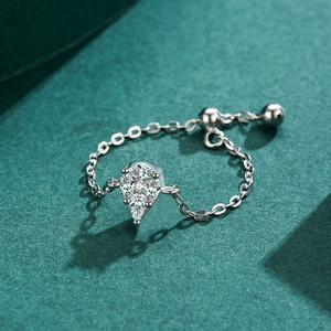S925 sterling silver waterdrop chain ring with adjustable sliding bead and pear-cut stone