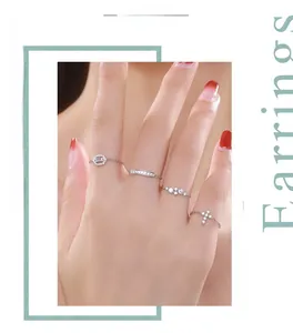 Close-up of four-piece s925 silver ring set with geometric micro-pave zircons for women