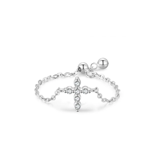 Adjustable S925 sterling silver chain ring with a zircon-inlaid cross pendant charm