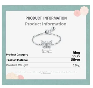 Detailed product size chart of s925 silver butterfly ring with pavé cubic zirconia