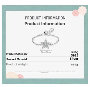 Detail of S925 sterling silver star ring featuring tiny cubic zirconia and fine chain link