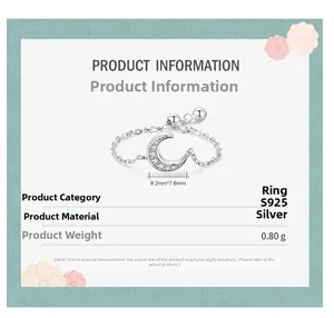 Detail of S925 sterling silver moon chain ring with dimensions and weight specs