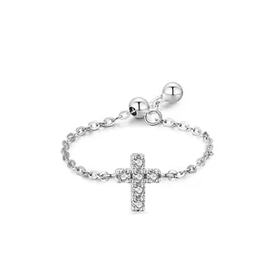 925 Sterling Silver Cross Chain Adjustable Ring For Women Micro Inlaid Zirconia Minimalist Fashion Jewelry Dainty Finger Ring