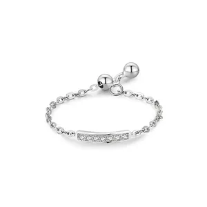 Minimalist S925 Sterling Silver Adjustable Chain Ring For Women Geometric Zirconia Inlaid Fashion Jewelry Finger Accessory