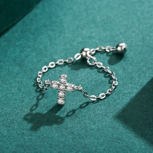 Adjustable S925 sterling silver cross chain ring with micro-pave cubic zirconia crystals