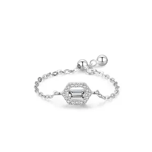 925 Sterling Silver Geometric Hexagon Chain Link Ring For Women Zirconia Adjustable Opening Minimalist Fashion Jewelry