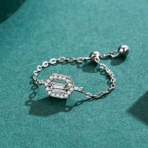 Adjustable S925 silver chain ring with a hexagonal micro-set geometric crystal centerpiece