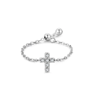 Adjustable S925 sterling silver chain ring with sparkling micro-pave cross pendant