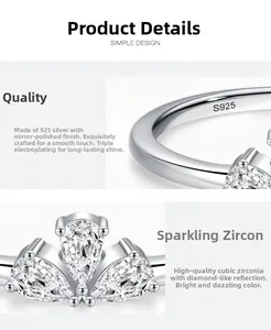 Detailed view of crown ring with pear-cut zirconia and S925 sterling silver hallmark