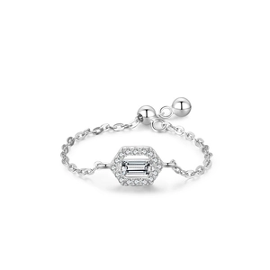 Adjustable S925 sterling silver chain ring with hexagonal micro-pave zircon design
