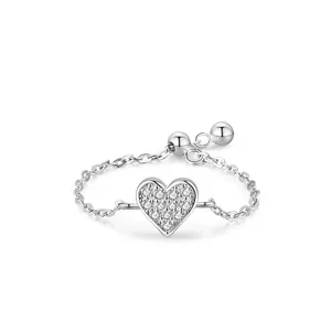 Luxury 925 Sterling Silver Pave Zirconia Heart Adjustable Chain Ring For Women Fashion Jewelry Elegant Fine Ring Gift