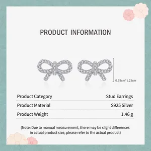 Elegant S925 sterling silver bow knot stud earrings with micro-pave cubic zirconia stones