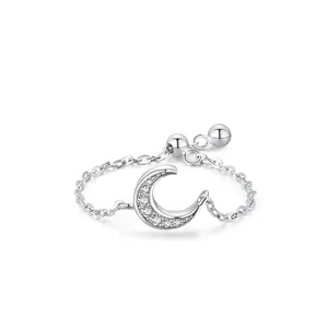 S925 Sterling Silver Micro Pave Zirconia Moon Open Chain Ring For Women Light Luxury Niche Adjustable Fashion Finger Ring Jewelry