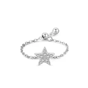 S925 Sterling Silver Star Chain Open Ring For Women Minimalist Adjustable Zirconia Inlaid Fashion Finger Jewelry Gift