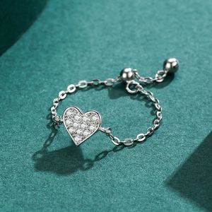 Luxurious S925 sterling silver heart-shaped ring with pavé stones and adjustable chain