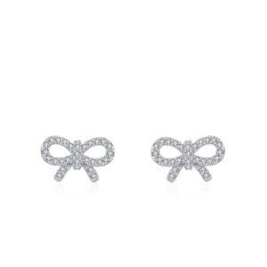 Elegant S925 silver bow stud earrings with micro-set zircon stones on white background