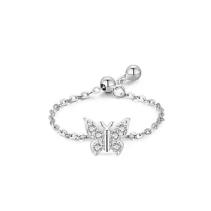 S925 Sterling Silver Butterfly Chain Ring For Women Cubic Zirconia Inlaid Adjustable Finger Ring Trendy Jewelry Gift