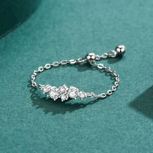 Adjustable S925 sterling silver geometric chain ring with sparkling micro-pave cubic zirconia