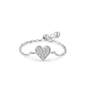 Luxurious S925 sterling silver heart chain ring with adjustable sliding micro-pave crystals