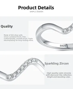 Detail view of S925 sterling silver ring showing the mirror polished finish and zircon setting