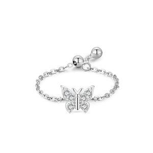 S925 silver butterfly chain ring with cubic zirconia and adjustable pull closure